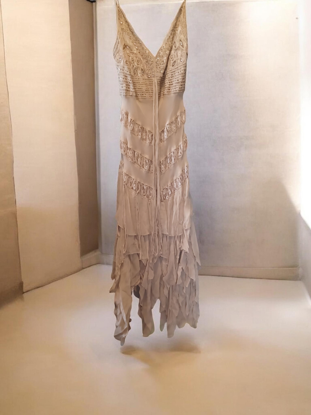 Beige Lace-Trim V-Neck Mid- Length Dress